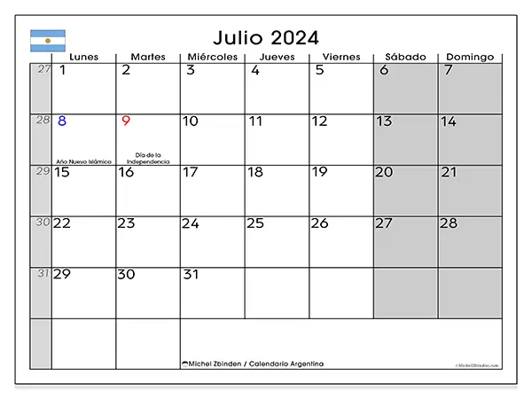 Calendario Argentina para imprimir gratis de julio de 2024. Semana: De lunes a domingo.