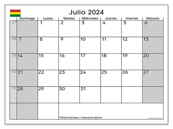 Calendario Bolivia para imprimir gratis de julio de 2024. Semana: De domingo a sábado.