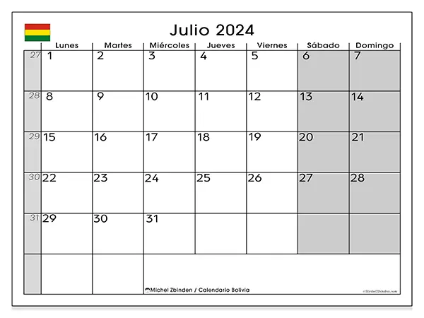 Calendario Bolivia para imprimir gratis de julio de 2024. Semana: De lunes a domingo.