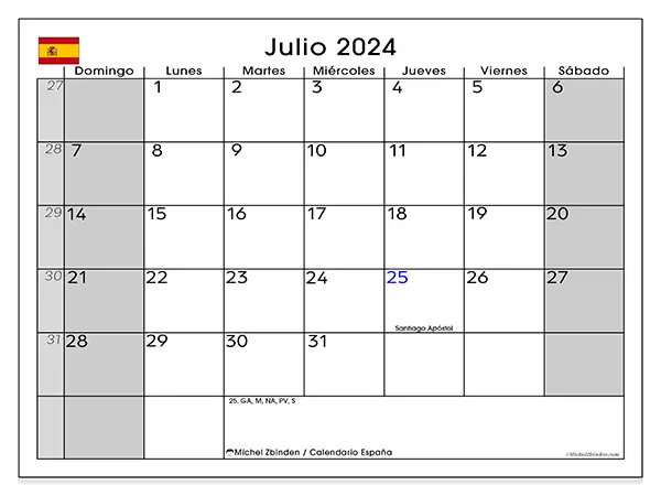 Calendario España para imprimir gratis de julio de 2024. Semana: De domingo a sábado.