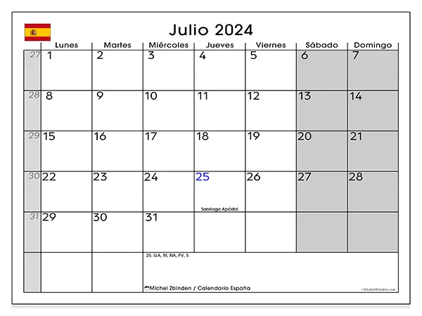 Calendario España para imprimir gratis de julio de 2024. Semana: De lunes a domingo.
