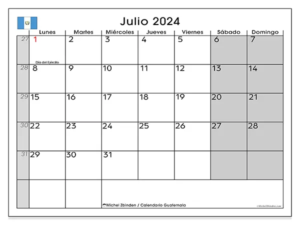 Calendario Guatemala para imprimir gratis de julio de 2024. Semana: De lunes a domingo.