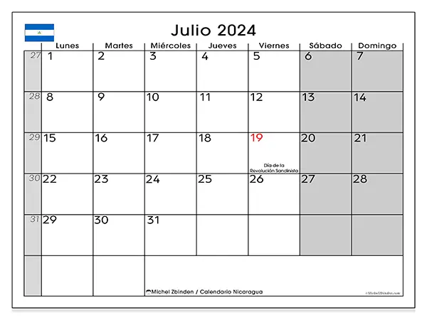 Calendario Nicaragua para imprimir gratis de julio de 2024. Semana: De lunes a domingo.