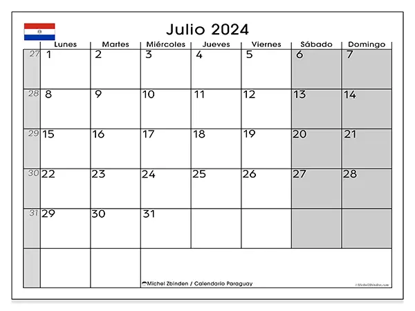 Calendario Paraguay para imprimir gratis de julio de 2024. Semana: De lunes a domingo.