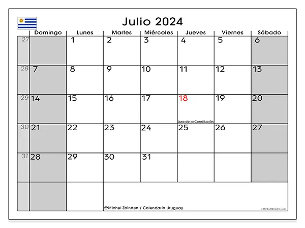 Calendario Uruguay para imprimir gratis de julio de 2024. Semana: De domingo a sábado.