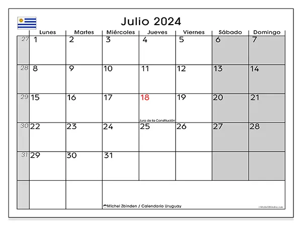 Calendario Uruguay para imprimir gratis de julio de 2024. Semana: De lunes a domingo.