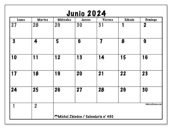 Calendario para imprimir n° 480, junio de 2024