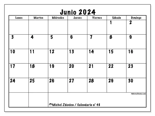 Calendario para imprimir n° 48, junio de 2024