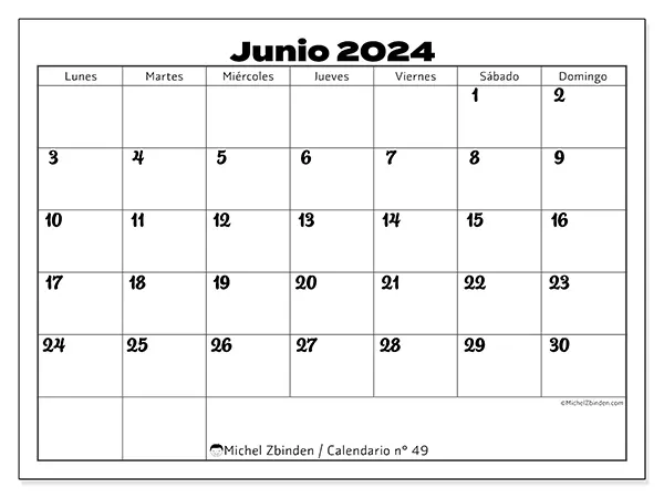 Calendario n.° 49 para imprimir para junio 2024.