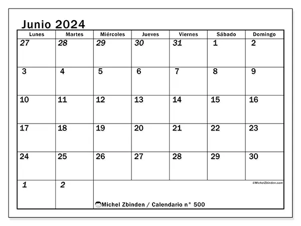 Calendario n.° 500 para imprimir para junio 2024.