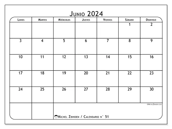 Calendario n.° 51 para imprimir para junio 2024.