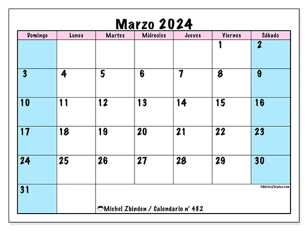 Calendario n.° 482 para imprimir gratis, marzo 2025. Semana:  De domingo a sábado
