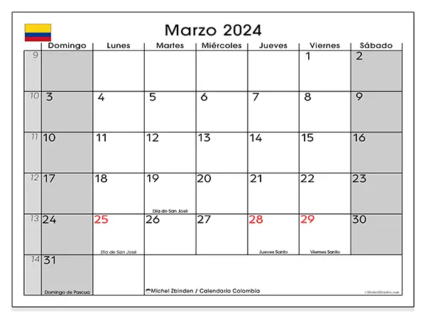 Calendario de Colombia para imprimir gratis, marzo 2025. Semana:  De domingo a sábado