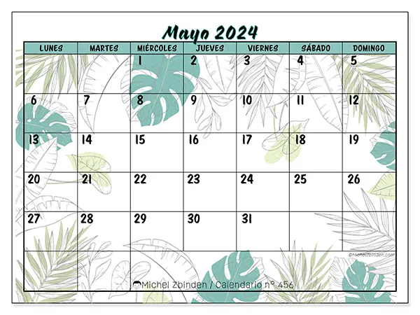 Calendario n.° 456 para mayo de 2024 para imprimir gratis. Semana: De lunes a domingo.