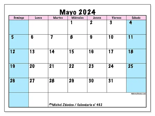 Calendario n.° 482 para imprimir gratis, mayo 2025. Semana:  De domingo a sábado