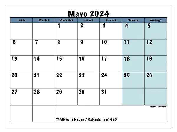 Calendario n.° 483 para mayo de 2024 para imprimir gratis. Semana: De lunes a domingo.