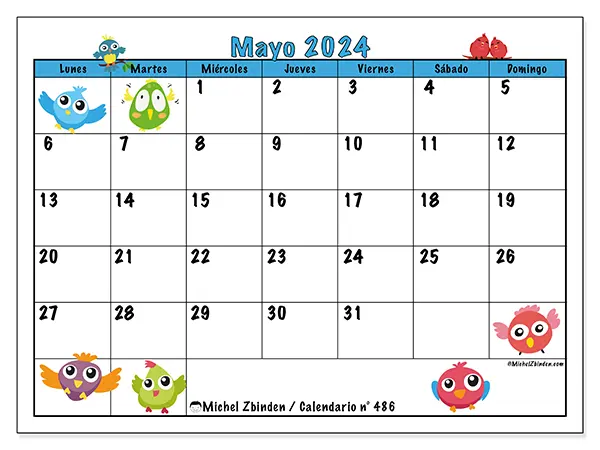 Calendario n.° 486 para mayo de 2024 para imprimir gratis. Semana: De lunes a domingo.