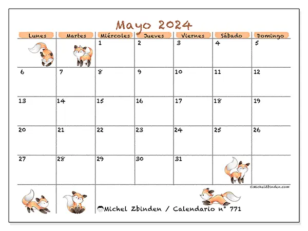 Calendario n.° 771 para mayo de 2024 para imprimir gratis. Semana: De lunes a domingo.