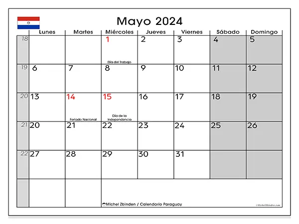 Calendario Paraguay para imprimir gratis de mayo de 2024. Semana: De lunes a domingo.