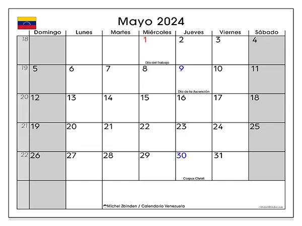 Calendario Venezuela para imprimir gratis de mayo de 2024. Semana: De domingo a sábado.