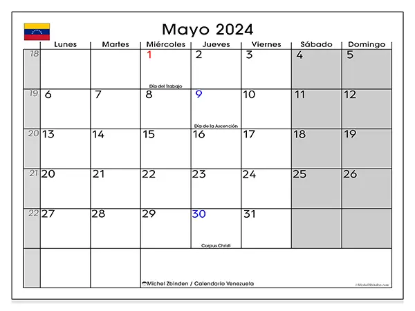 Calendario Venezuela para imprimir gratis de mayo de 2024. Semana: De lunes a domingo.