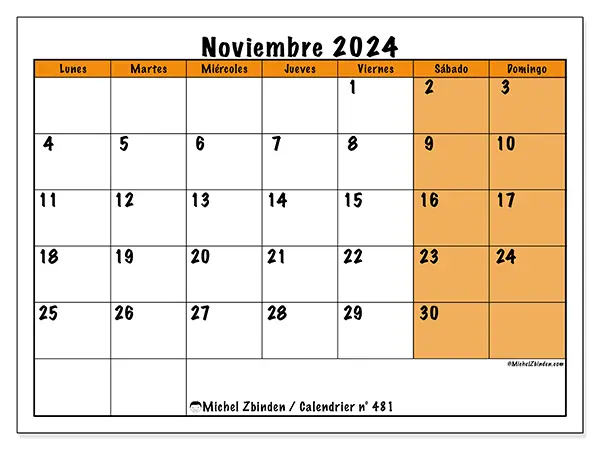 Calendario n.° 481 para noviembre de 2024 para imprimir gratis. Semana: De lunes a domingo.