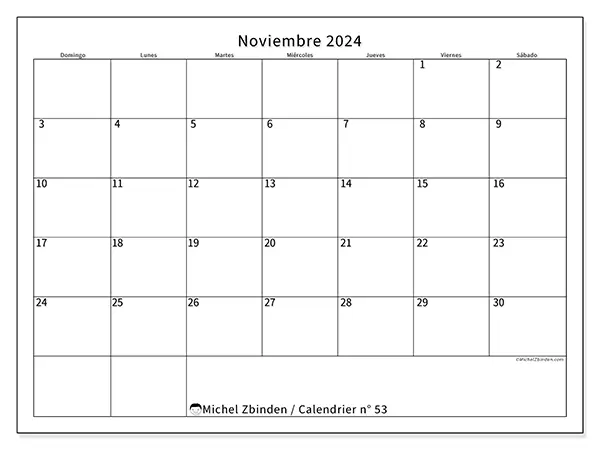 Calendario para imprimir n° 53, noviembre de 2024