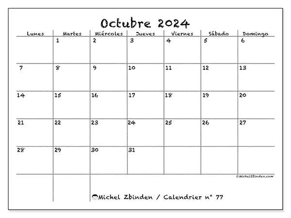 Calendario n.° 77 para octubre de 2024 para imprimir gratis. Semana: De lunes a domingo.