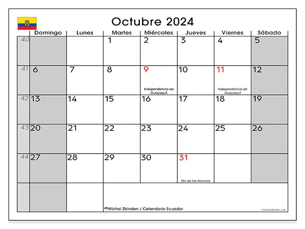 Calendario Ecuador para imprimir gratis de octubre de 2024. Semana: De domingo a sábado.