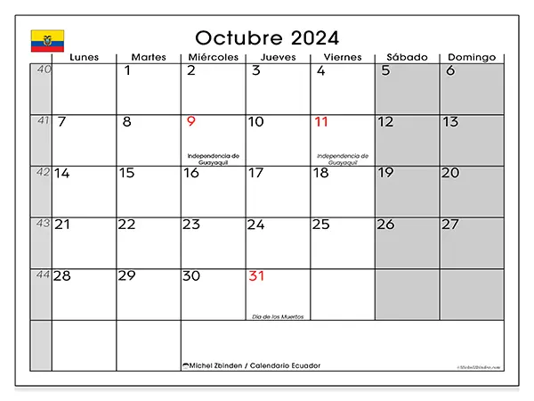 Calendario Ecuador para imprimir gratis de octubre de 2024. Semana: De lunes a domingo.
