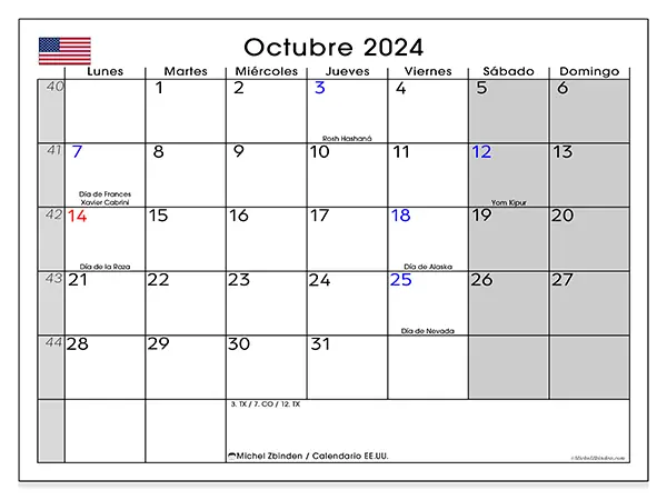 Calendario Estados Unidos para imprimir gratis de octubre de 2024. Semana: De lunes a domingo.
