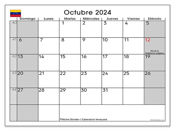 Calendario Venezuela para imprimir gratis de octubre de 2024. Semana: De domingo a sábado.