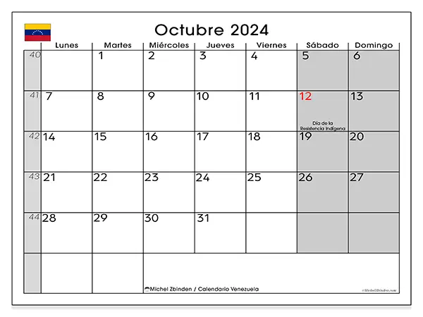 Calendario Venezuela para imprimir gratis de octubre de 2024. Semana: De lunes a domingo.