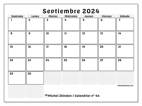 Calendario n.° 44 para septiembre de 2024 para imprimir gratis. Semana: De domingo a sábado.