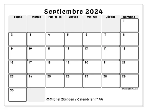 Calendario n.° 44 para septiembre de 2024 para imprimir gratis. Semana: De lunes a domingo.