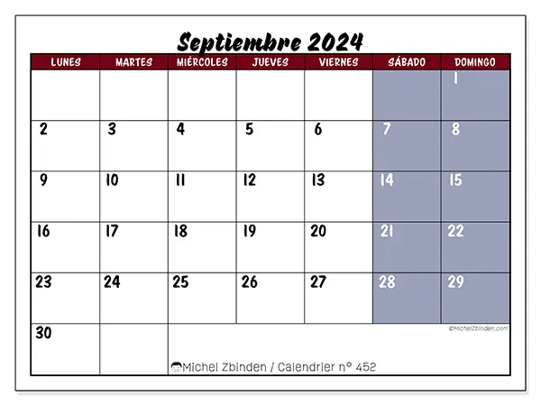 Calendario para imprimir n° 452, septiembre de 2024
