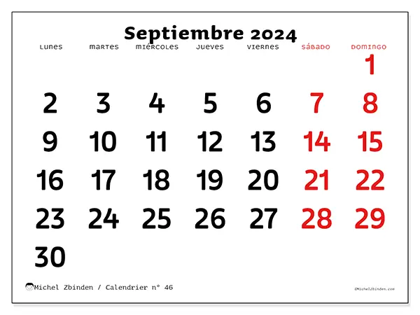 Calendario n.° 46 para septiembre de 2024 para imprimir gratis. Semana: De lunes a domingo.
