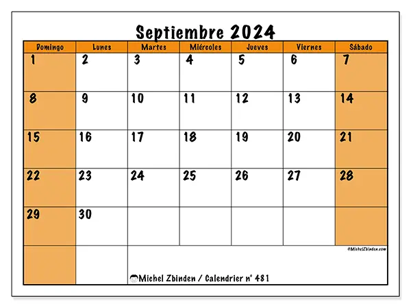 Calendario n.° 481 para septiembre de 2024 para imprimir gratis. Semana: De domingo a sábado.