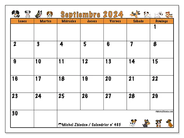 Calendario n.° 485 para septiembre de 2024 para imprimir gratis. Semana: De lunes a domingo.