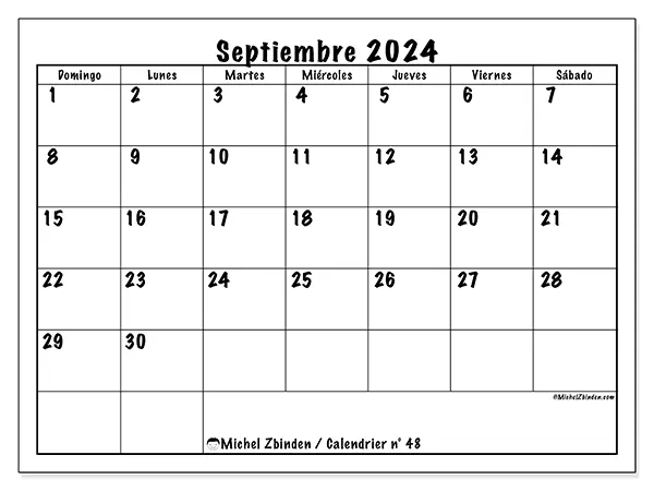Calendario n.° 48 para septiembre de 2024 para imprimir gratis. Semana: De domingo a sábado.