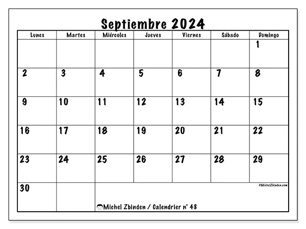 Calendario n.° 48 para septiembre de 2024 para imprimir gratis. Semana: De lunes a domingo.