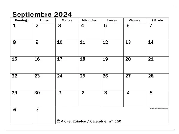 Calendario n.° 500 para septiembre de 2024 para imprimir gratis. Semana: De domingo a sábado.