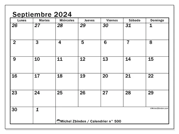 Calendario n.° 500 para septiembre de 2024 para imprimir gratis. Semana: De lunes a domingo.
