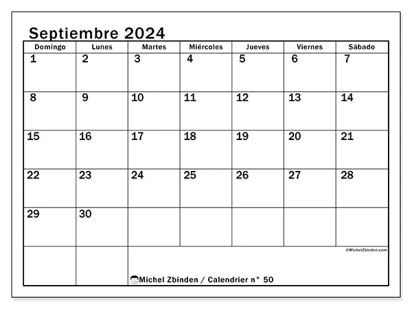 Calendario n.° 50 para septiembre de 2024 para imprimir gratis. Semana: De domingo a sábado.