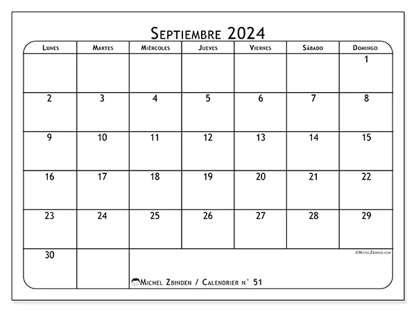 Calendario n.° 51 para septiembre de 2024 para imprimir gratis. Semana: De lunes a domingo.