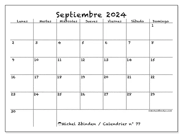 Calendario n.° 77 para septiembre de 2024 para imprimir gratis. Semana: De lunes a domingo.