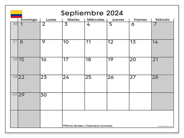 Calendario Colombia para imprimir gratis de septiembre de 2024. Semana: De domingo a sábado.