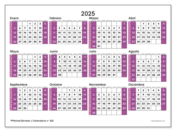 Calendario n.° 301 para imprimir para 2025