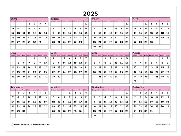 Calendario n.° 341 para imprimir para 2025