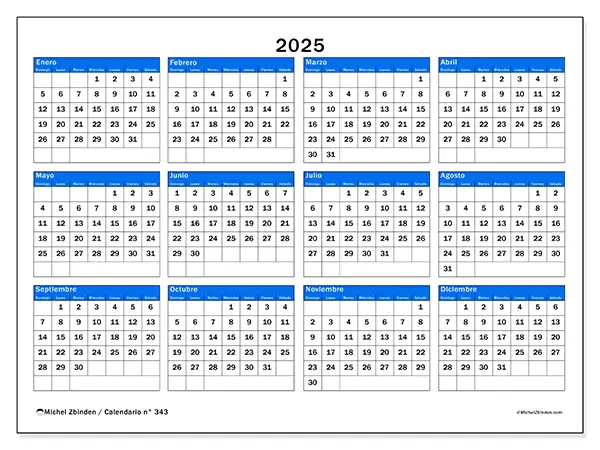 Calendario n.° 343 para imprimir para 2025